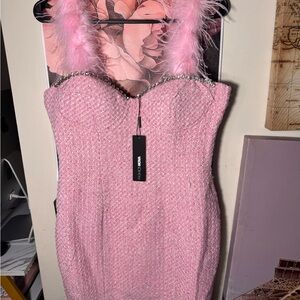 Fashion Nova Pink Textured Strapless Dress with Feather Detail